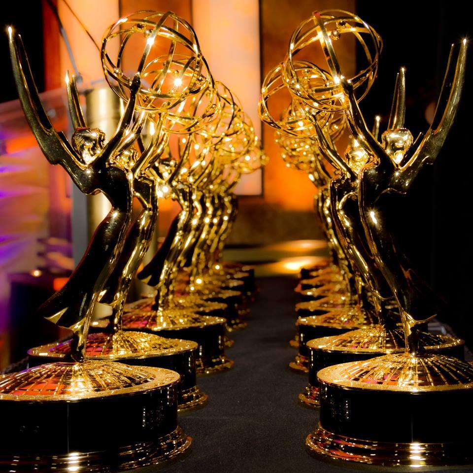 Photo of several Emmy award trophies